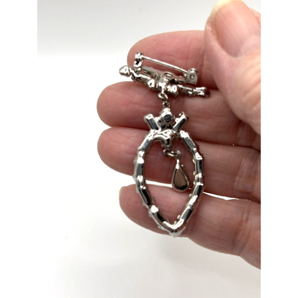 VTG Rhinestone Brooch Dangle Teardrops Silver Tone Sparkles - Picture 9 of 10